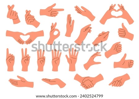 Set of hands with different gestures isolated on white background. Royalty-Free Stock Photo #2402524799