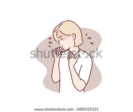 unhealthy Sickness, asian young woman, girl unwell and coughing, have cold, sore throat isolated white background suffering with symptom cough feeling bad.Hand drawn style vector design illustrations. Royalty-Free Stock Photo #2402525121