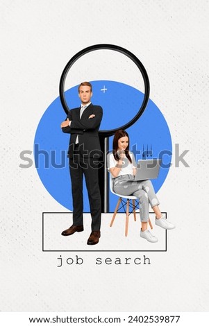 Vertical creative photo collage business people man in office suit with woman looking for job big magnifying glass on white background