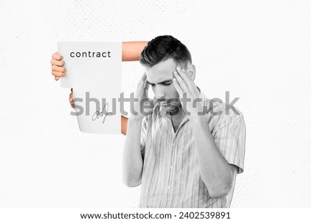 Horizontal picture photo collage of upset worried man hold head disappointed about torn canceled contract deal on white background