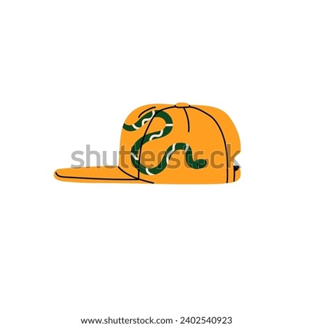 Baseball racing cap, trucker hat with pattern. Sport headwear, rapper clothes with visor. Summer headgear, head accessory, protect from UV, sun. Flat isolated vector illustration on white background