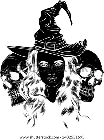 vector black silhouette of witch and skulls