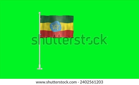 Flag of Ethiopia, Pole flag of Ethiopia, Ethiopia flag waving in the wind isolated on Green Background. National symbol of Ethiopia country. Animation and Green screen or chroma key.