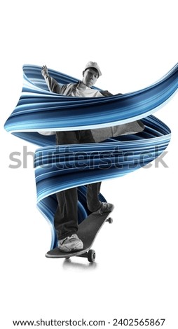 Boy riding on skateboard, training against white background with colorful abstract element. Creative design. Concept of creativity, art, sport, competition, training, action