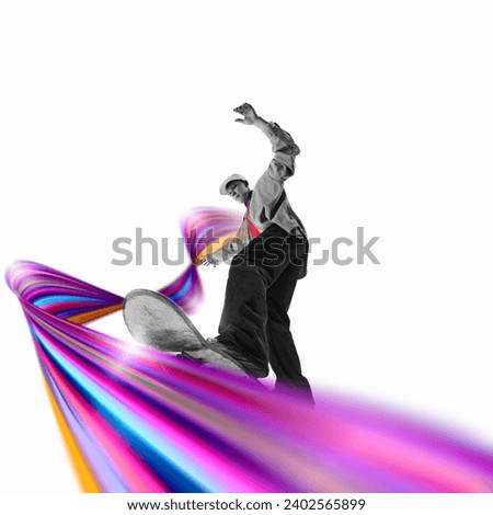 Teen boy, skateboarder in motion, training against white background with colorful abstract element. Creative design. Concept of creativity, art, sport, competition, training, action