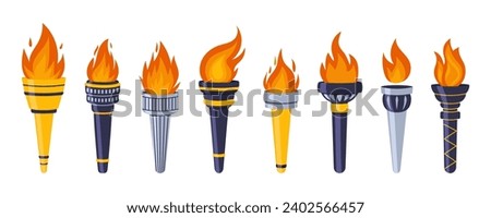 Torches with burning fire flame set. Different shapes torch flaming. Symbol competition, sport, games, victory, championship. Vector illustration isolated in cartoon style
