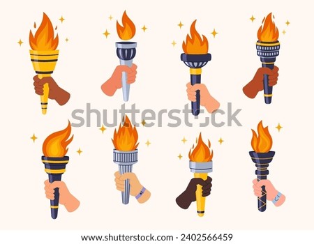 Torches with burning flame in hands set. Differense races hands holding torch flaming. Symbol competition, sport, games, victory, champion. Vector illustration isolated in cartoon style