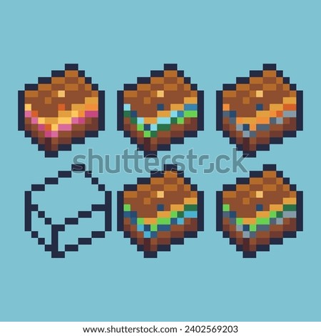 Pixel art sets of cake food icon with variation color item asset. food cake icon on pixelated style. 8bits perfect for game asset or design asset element for your game design asset