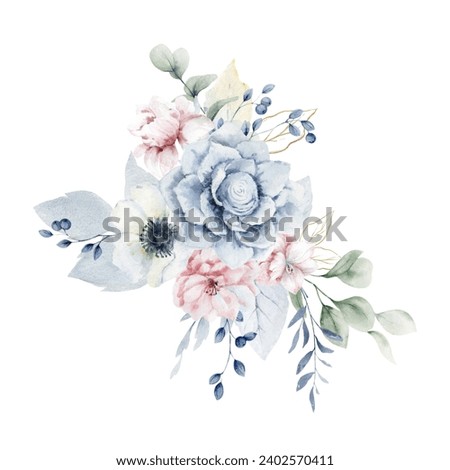 Watercolor floral bouquet.  Dusty blue, pink flowers and branches. Winter blossom flower gentle clip art. Arrangement for wedding, invitations, cards, decoration. Hand drawn illustration.