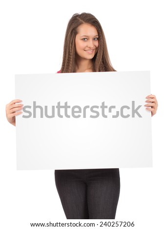 Casual Female In Pink Shirt Holding a Blank Billboard Isolated on White Background