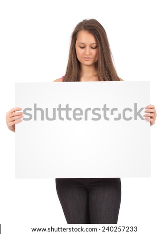 Casual Female In Pink Shirt Holding a Blank Billboard Isolated on White Background