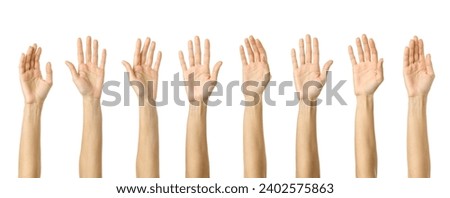 Raised hand. Multiple images set of female caucasian hand with french manicure showing Raised hand gesture isolated over white background Royalty-Free Stock Photo #2402575863
