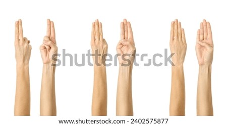Two, three or four fingers folded together. Multiple images set of female caucasian hand with french manicure showing Fingers folded together gesture isolated over white background