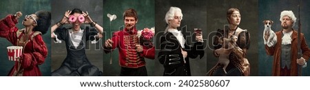 Collage made of portrait of different people, men and women in vintage costumes over dark green background. Concept of comparison of eras, modernity and renaissance, baroque style. Royalty-Free Stock Photo #2402580607