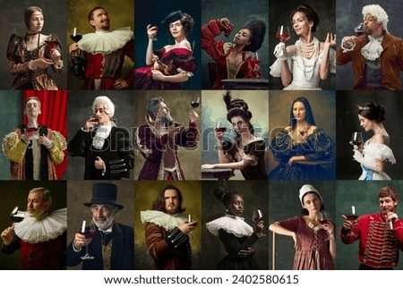 Collage. Portrait of different royal people, famous historical personages drinking wine over dark vintage background. Concept of comparison of eras, modernity and renaissance, baroque style. Royalty-Free Stock Photo #2402580615