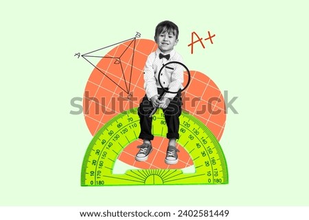 Photo collage creative picture cheerful small kid pupil good mark geometry school supplies subject study clever do homework
