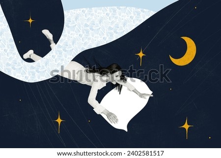 Weird bizarre image picture collage of sleeping lady sweet dream flying late dark night heaven feeling happy fun