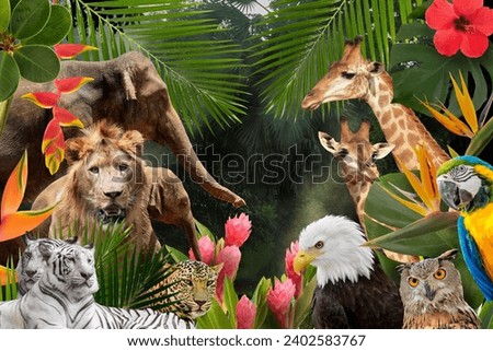 World Wildlife Day ,World Animal Day and Wildlife Day concept. Elephant, tiger,  parrot and forest. Saving planet and protect nature reserve, protecti