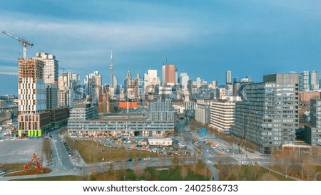 An aerial view of the modern skyline of downtown Toronto, Ontario, Canada