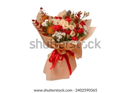 Autumn bouquet of red and white roses, hydrangeas, chrysanthemums isolated on a white background.  Royalty-Free Stock Photo #2402590365