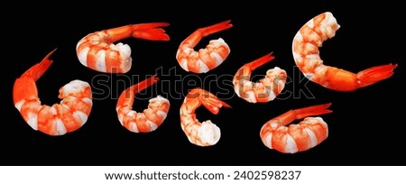 Red boiled shrimp or tiger prawn isolated with clipping path, no shadow on black background, cooked seafood, cooking ingredient