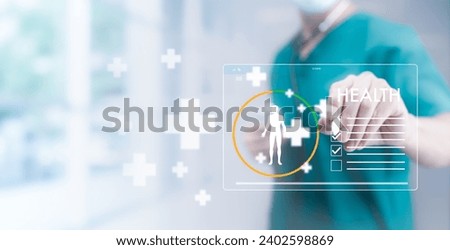 Medical doctor and medical technology and futuristic concept, Doctor using laptop and health medical network connection icon on virtual screen interface, Modern medical technology and innovation.