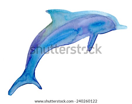 Jumping blue dolphin, watercolor painted illustration. Vector.