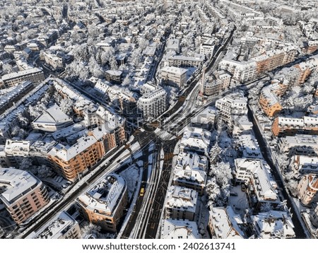 The city of Zurich after heavy snowfall in early December 2023, cityscape during winter