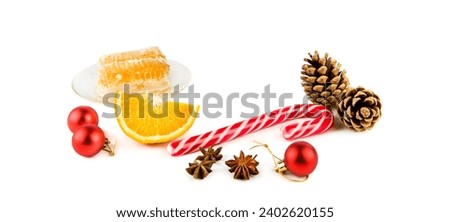 Christmas decor isolated on white background. Free space for text. Wide photo.