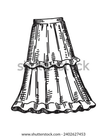 Sketch of long skirt with ruffles. Spring clothes doodle. Hand drawn vector illustration clipart isolated on white.