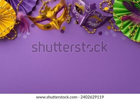 Opulent Revelry Essentials: Overhead perspective of lavish carnival masks, beaded necklace, feathers, confetti, colorful fans laid out on purple backdrop, leaving space for customizable text