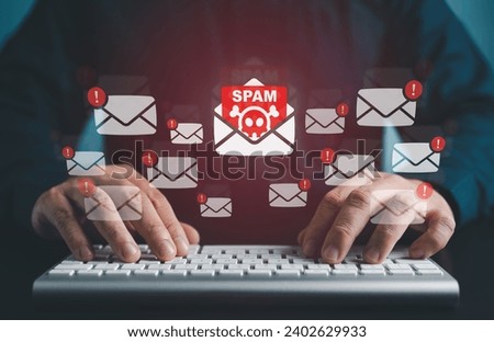Cyber security awareness. Suspect emails alert. E-mail inbox with spam virus message caution sign for notification on internet threat security. Harmful, Trash and junk mail, Spam email pop-up warning.