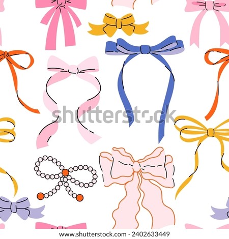 Seamless pattern with various cartoon bow knots, gift ribbons. Trendy hair braiding accessory. Hand drawn vector illustration. Valentine's day background. Royalty-Free Stock Photo #2402633449