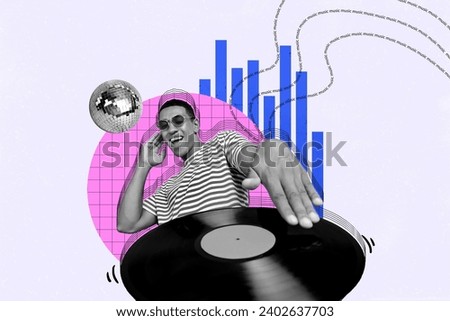 Photo collage creative picture funky dj young guy turn on music vinyl record clubber party festive event promo discoball dancehall