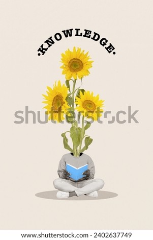 Vertical collage creative illustration headless sunflower absurd person read book bouquet smart clever student white background