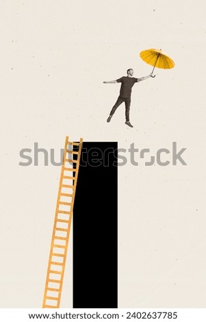 Vertical collage picture image man youn jump trampoline fall excited funny down stairs umbrella abstract exclusive white background