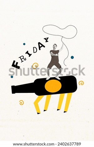 Vertical creative collage picture young excited happy funky man ride horse bottle beer wine party cowboy sketch drawing white background