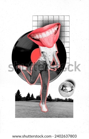 Vertical surreal funny photo collage of young woman female without head huge smile dance outdoor have fun vinyl record discoball party black white effect