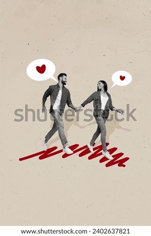 Creative drawing collage picture of funny couple run hold hands valentine day love dating concept magazine surrealism metaphor psychedelic