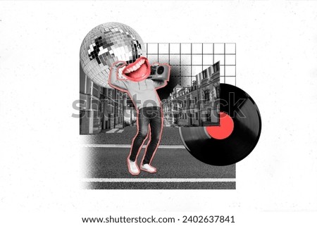 Horizontal psychedelic photo collage of young guy carry boombox listen music dance on street outdoor vintage record disco ball black white effect Royalty-Free Stock Photo #2402637841