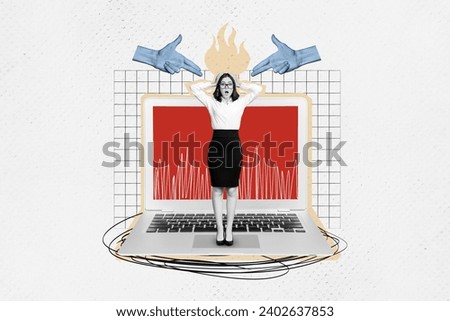 Creative illustration collage picture young businesswoman employee hide critics two arms pointing above head flaming stand laptop