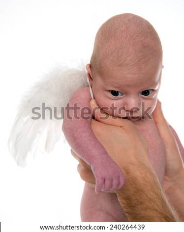 baby with angel wings in fathers hands
