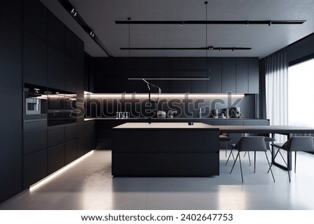 A sleek and modern, dark black kitchen exudes industrial edge and sophisticated style Royalty-Free Stock Photo #2402647753