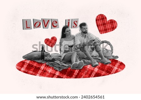 Creative drawing collage picture of cute couple relax picnic valentine day love dating concept magazine surrealism metaphor psychedelic
