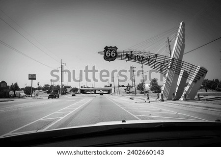A Route 66 sign in Tulsa, Oklahoma in black and white