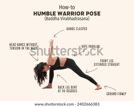 Humble Warrior pose (Baddha Virabhadrasana) is an intermediate pose that stretches the hips, strengthens the legs, and improves balance. Royalty-Free Stock Photo #2402666383