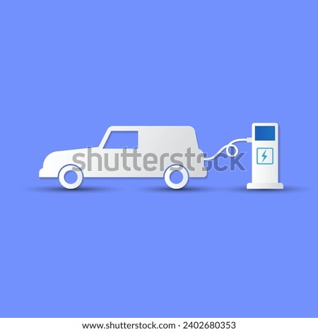 EV car parking and charging at electricity charger station, vector paper cut illustration, future vehicle technology concept, copy space for text and design