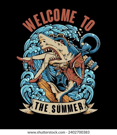 Welcome to the summer with angry shark illustration