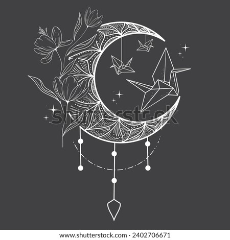 Aesthetic Heavenly Boho Crescent Moon Line Art. Esoteric crescent moon, flowers, stars, paper birds, line art. Vector line art of mystical celestial magic elements. Royalty-Free Stock Photo #2402706671