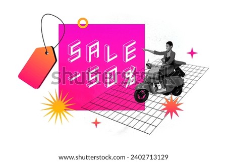 Collage creative illustration black white filter beautiful happy enjoy young woman ride scooter street sale percentages white background